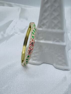 Gold-Tone Floral Enamel Bangle Bracelet in Pink & Green
